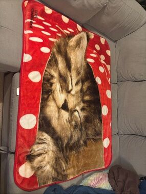 Cozy Cat Print Red Polka Dot Plush Throw